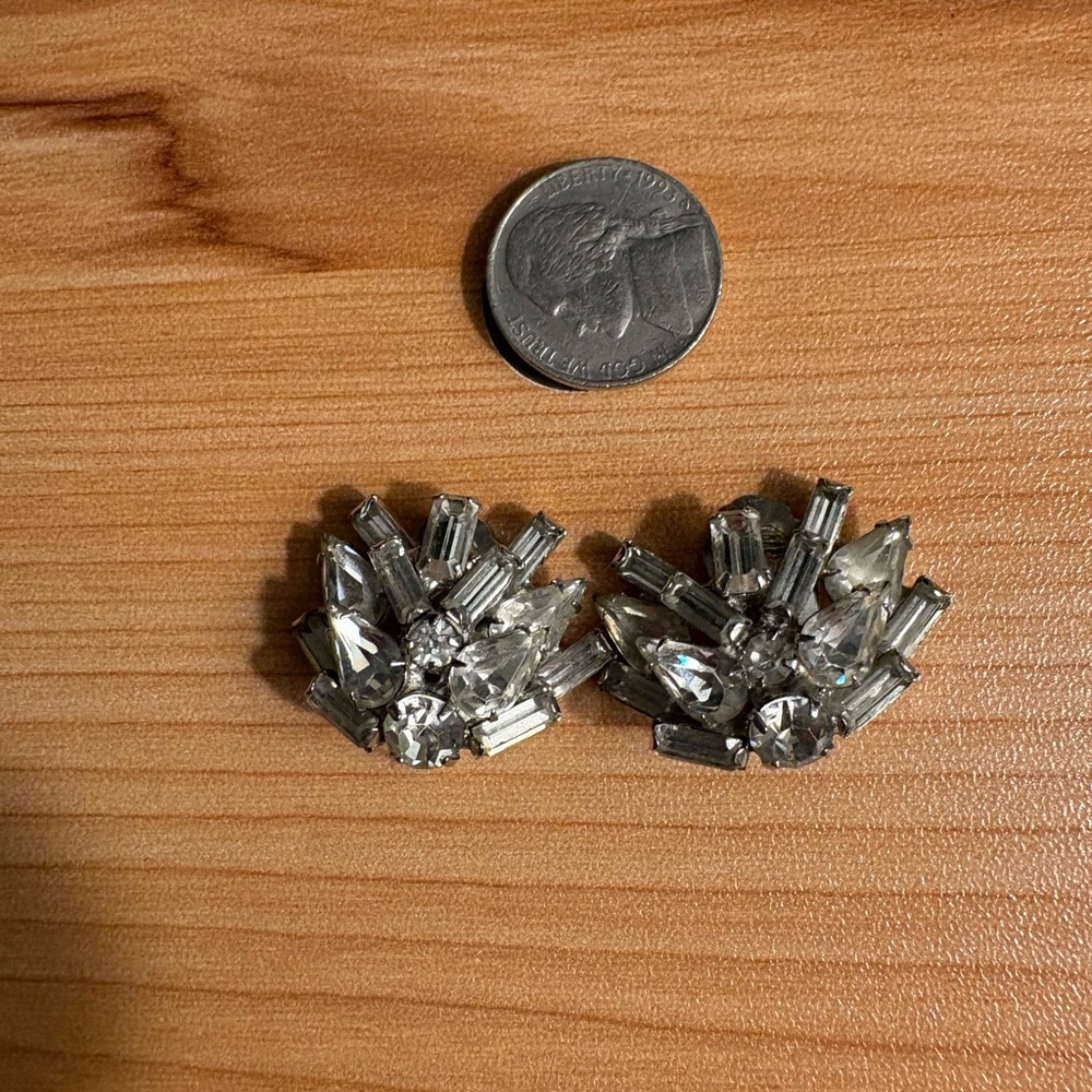Crystal Fan Cluster Clip-On Earrings - Silver Tone